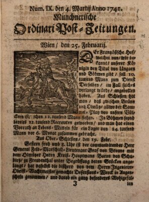 Münchnerische Ordinari Post-Zeitungen (Ordentliche wochentliche Post-Zeitungen) Samstag 4. März 1741