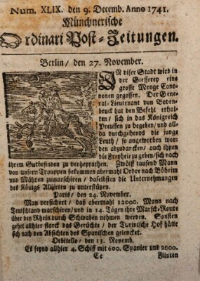 Münchnerische Ordinari Post-Zeitungen (Ordentliche wochentliche Post-Zeitungen) Samstag 9. Dezember 1741