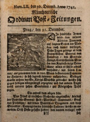 Münchnerische Ordinari Post-Zeitungen (Ordentliche wochentliche Post-Zeitungen) Samstag 30. Dezember 1741