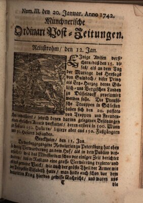 Münchnerische Ordinari Post-Zeitungen (Ordentliche wochentliche Post-Zeitungen) Samstag 20. Januar 1742