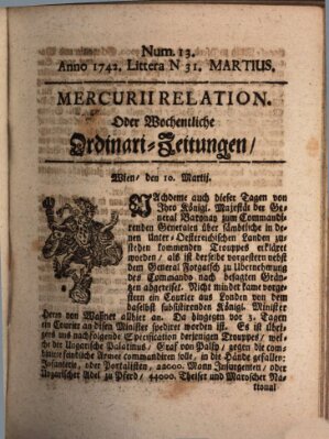 Mercurii Relation, oder wochentliche Ordinari Zeitungen von underschidlichen Orthen (Süddeutsche Presse) Samstag 31. März 1742