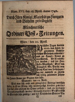 Münchnerische Ordinari Post-Zeitungen (Ordentliche wochentliche Post-Zeitungen) Samstag 28. April 1742