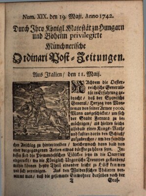 Münchnerische Ordinari Post-Zeitungen (Ordentliche wochentliche Post-Zeitungen) Samstag 19. Mai 1742