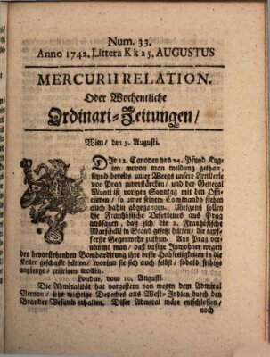 Mercurii Relation, oder wochentliche Ordinari Zeitungen von underschidlichen Orthen (Süddeutsche Presse) Samstag 25. August 1742