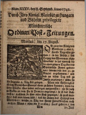 Münchnerische Ordinari Post-Zeitungen (Ordentliche wochentliche Post-Zeitungen) Samstag 8. September 1742