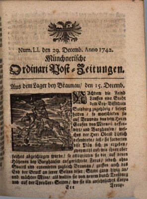 Münchnerische Ordinari Post-Zeitungen (Ordentliche wochentliche Post-Zeitungen) Samstag 29. Dezember 1742