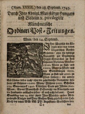 Münchnerische Ordinari Post-Zeitungen (Ordentliche wochentliche Post-Zeitungen) Samstag 28. September 1743