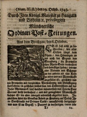 Münchnerische Ordinari Post-Zeitungen (Ordentliche wochentliche Post-Zeitungen) Samstag 19. Oktober 1743