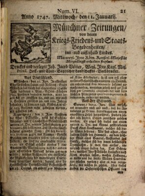 Münchner-Zeitungen, von denen Kriegs-, Friedens- und Staatsbegebenheiten, inn- und ausser Landes (Süddeutsche Presse) Mittwoch 11. Januar 1747