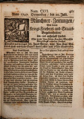 Münchner-Zeitungen, von denen Kriegs-, Friedens- und Staatsbegebenheiten, inn- und ausser Landes (Süddeutsche Presse) Donnerstag 20. Juli 1747