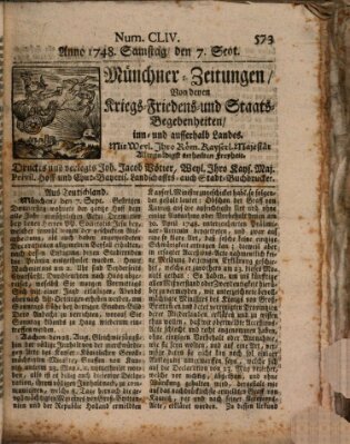 Münchner-Zeitungen, von denen Kriegs-, Friedens- und Staatsbegebenheiten, inn- und ausser Landes (Süddeutsche Presse) Samstag 7. September 1748