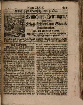 Münchner-Zeitungen, von denen Kriegs-, Friedens- und Staatsbegebenheiten, inn- und ausser Landes (Süddeutsche Presse) Samstag 5. Oktober 1748