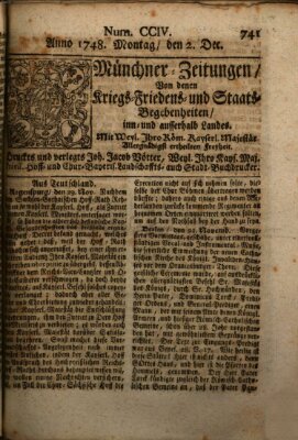 Münchner-Zeitungen, von denen Kriegs-, Friedens- und Staatsbegebenheiten, inn- und ausser Landes (Süddeutsche Presse) Montag 2. Dezember 1748