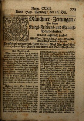 Münchner-Zeitungen, von denen Kriegs-, Friedens- und Staatsbegebenheiten, inn- und ausser Landes (Süddeutsche Presse) Montag 16. Dezember 1748