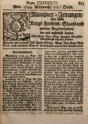 Münchner-Zeitungen, von denen Kriegs-, Friedens- und Staatsbegebenheiten, inn- und ausser Landes (Süddeutsche Presse) Mittwoch 1. Oktober 1749