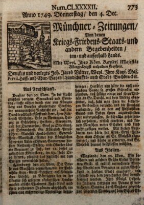 Münchner-Zeitungen, von denen Kriegs-, Friedens- und Staatsbegebenheiten, inn- und ausser Landes (Süddeutsche Presse) Donnerstag 4. Dezember 1749