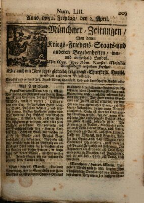 Münchner-Zeitungen, von denen Kriegs-, Friedens- und Staatsbegebenheiten, inn- und ausser Landes (Süddeutsche Presse) Freitag 2. April 1751