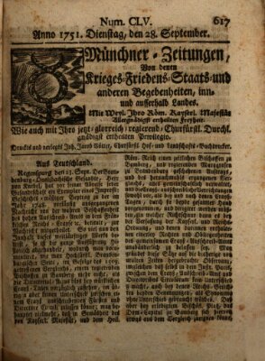 Münchner-Zeitungen, von denen Kriegs-, Friedens- und Staatsbegebenheiten, inn- und ausser Landes (Süddeutsche Presse) Dienstag 28. September 1751