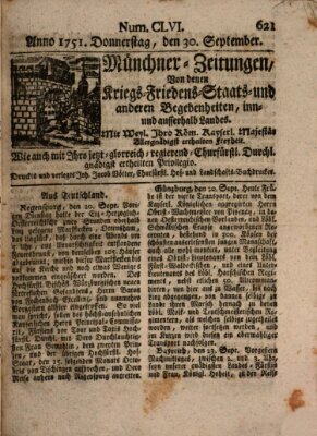 Münchner-Zeitungen, von denen Kriegs-, Friedens- und Staatsbegebenheiten, inn- und ausser Landes (Süddeutsche Presse) Donnerstag 30. September 1751