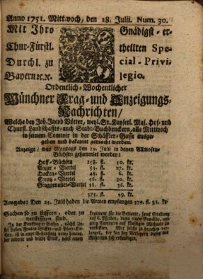 Münchner-Zeitungen, von denen Kriegs-, Friedens- und Staatsbegebenheiten, inn- und ausser Landes (Süddeutsche Presse) Mittwoch 28. Juli 1751