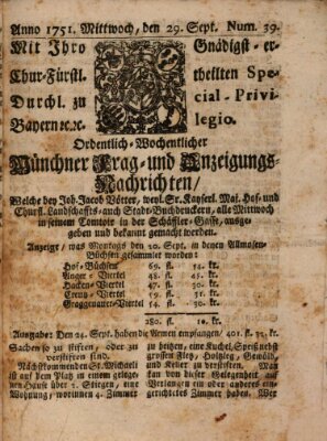 Münchner-Zeitungen, von denen Kriegs-, Friedens- und Staatsbegebenheiten, inn- und ausser Landes (Süddeutsche Presse) Mittwoch 29. September 1751