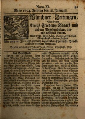 Münchner-Zeitungen, von denen Kriegs-, Friedens- und Staatsbegebenheiten, inn- und ausser Landes (Süddeutsche Presse) Freitag 18. Januar 1754