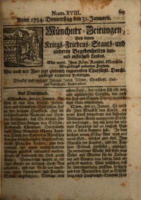 Münchner-Zeitungen, von denen Kriegs-, Friedens- und Staatsbegebenheiten, inn- und ausser Landes (Süddeutsche Presse) Donnerstag 31. Januar 1754