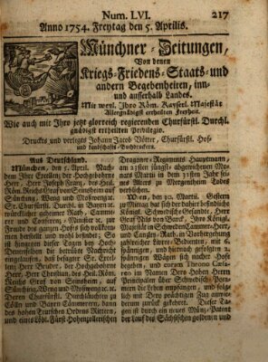 Münchner-Zeitungen, von denen Kriegs-, Friedens- und Staatsbegebenheiten, inn- und ausser Landes (Süddeutsche Presse) Freitag 5. April 1754