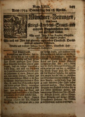 Münchner-Zeitungen, von denen Kriegs-, Friedens- und Staatsbegebenheiten, inn- und ausser Landes (Süddeutsche Presse) Donnerstag 18. April 1754