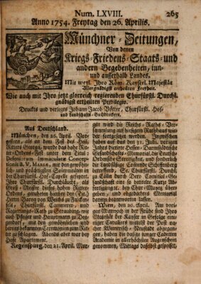 Münchner-Zeitungen, von denen Kriegs-, Friedens- und Staatsbegebenheiten, inn- und ausser Landes (Süddeutsche Presse) Freitag 26. April 1754