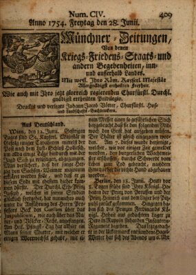 Münchner-Zeitungen, von denen Kriegs-, Friedens- und Staatsbegebenheiten, inn- und ausser Landes (Süddeutsche Presse) Freitag 28. Juni 1754