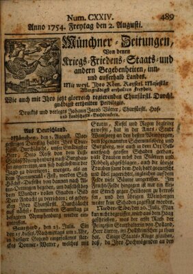 Münchner-Zeitungen, von denen Kriegs-, Friedens- und Staatsbegebenheiten, inn- und ausser Landes (Süddeutsche Presse) Freitag 2. August 1754