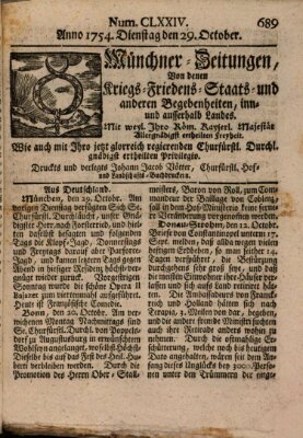 Münchner-Zeitungen, von denen Kriegs-, Friedens- und Staatsbegebenheiten, inn- und ausser Landes (Süddeutsche Presse) Dienstag 29. Oktober 1754