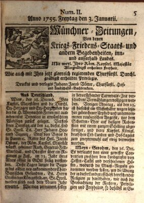 Münchner-Zeitungen, von denen Kriegs-, Friedens- und Staatsbegebenheiten, inn- und ausser Landes (Süddeutsche Presse) Freitag 3. Januar 1755