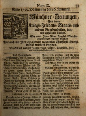 Münchner-Zeitungen, von denen Kriegs-, Friedens- und Staatsbegebenheiten, inn- und ausser Landes (Süddeutsche Presse) Donnerstag 16. Januar 1755