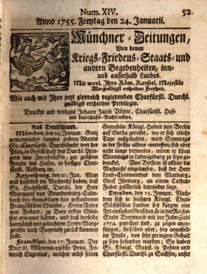 Münchner-Zeitungen, von denen Kriegs-, Friedens- und Staatsbegebenheiten, inn- und ausser Landes (Süddeutsche Presse) Freitag 24. Januar 1755