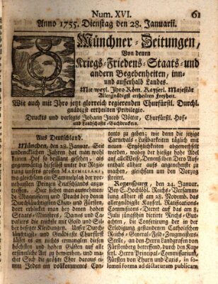 Münchner-Zeitungen, von denen Kriegs-, Friedens- und Staatsbegebenheiten, inn- und ausser Landes (Süddeutsche Presse) Dienstag 28. Januar 1755