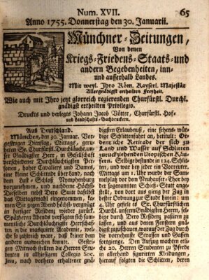 Münchner-Zeitungen, von denen Kriegs-, Friedens- und Staatsbegebenheiten, inn- und ausser Landes (Süddeutsche Presse) Donnerstag 30. Januar 1755