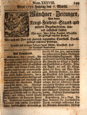 Münchner-Zeitungen, von denen Kriegs-, Friedens- und Staatsbegebenheiten, inn- und ausser Landes (Süddeutsche Presse) Freitag 7. März 1755