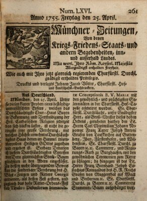 Münchner-Zeitungen, von denen Kriegs-, Friedens- und Staatsbegebenheiten, inn- und ausser Landes (Süddeutsche Presse) Freitag 25. April 1755