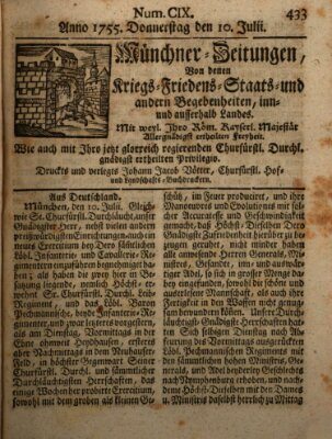 Münchner-Zeitungen, von denen Kriegs-, Friedens- und Staatsbegebenheiten, inn- und ausser Landes (Süddeutsche Presse) Donnerstag 10. Juli 1755