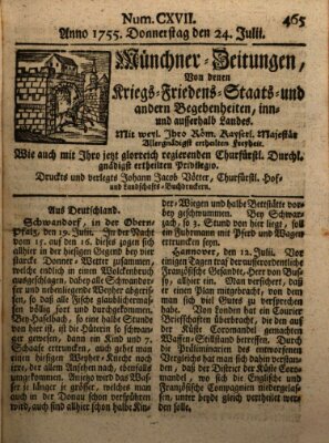 Münchner-Zeitungen, von denen Kriegs-, Friedens- und Staatsbegebenheiten, inn- und ausser Landes (Süddeutsche Presse) Donnerstag 24. Juli 1755