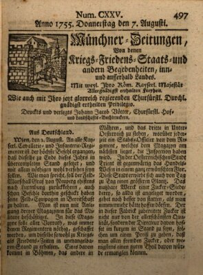 Münchner-Zeitungen, von denen Kriegs-, Friedens- und Staatsbegebenheiten, inn- und ausser Landes (Süddeutsche Presse) Donnerstag 7. August 1755