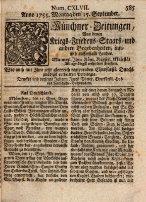 Münchner-Zeitungen, von denen Kriegs-, Friedens- und Staatsbegebenheiten, inn- und ausser Landes (Süddeutsche Presse) Montag 15. September 1755