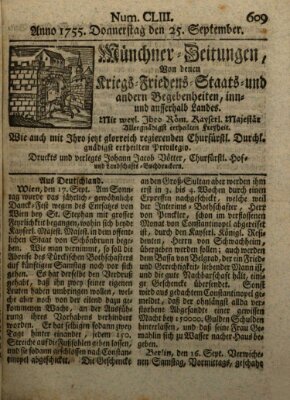 Münchner-Zeitungen, von denen Kriegs-, Friedens- und Staatsbegebenheiten, inn- und ausser Landes (Süddeutsche Presse) Donnerstag 25. September 1755