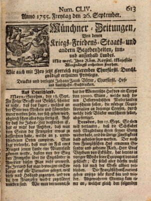 Münchner-Zeitungen, von denen Kriegs-, Friedens- und Staatsbegebenheiten, inn- und ausser Landes (Süddeutsche Presse) Freitag 26. September 1755