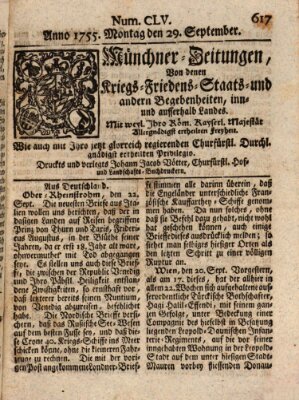 Münchner-Zeitungen, von denen Kriegs-, Friedens- und Staatsbegebenheiten, inn- und ausser Landes (Süddeutsche Presse) Montag 29. September 1755