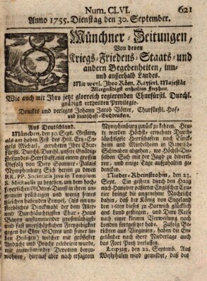 Münchner-Zeitungen, von denen Kriegs-, Friedens- und Staatsbegebenheiten, inn- und ausser Landes (Süddeutsche Presse) Dienstag 30. September 1755