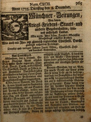 Münchner-Zeitungen, von denen Kriegs-, Friedens- und Staatsbegebenheiten, inn- und ausser Landes (Süddeutsche Presse) Dienstag 2. Dezember 1755