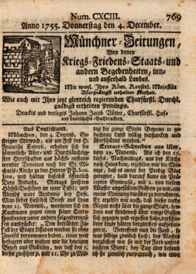 Münchner-Zeitungen, von denen Kriegs-, Friedens- und Staatsbegebenheiten, inn- und ausser Landes (Süddeutsche Presse) Donnerstag 4. Dezember 1755